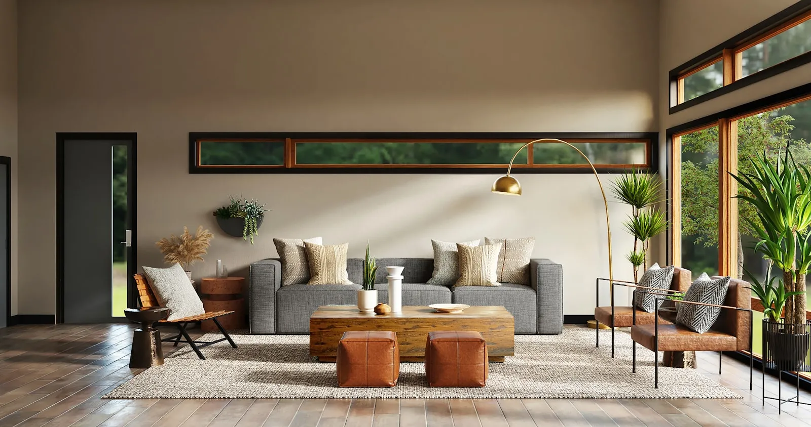 Salon contemporain aménagé par un architecte d’intérieur, canapé gris et mobilier en cuir